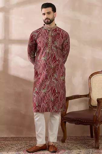 Men red silk blend printed mandarin collar straight kurta with trouser
