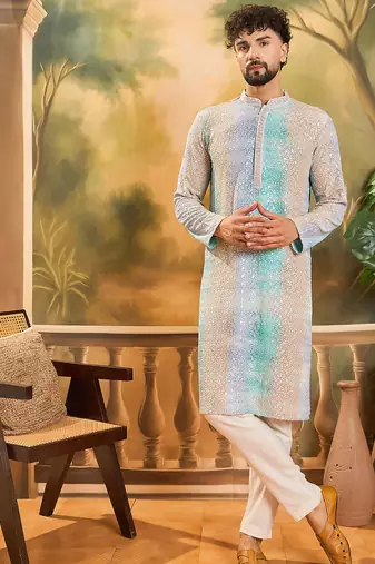 Men multi viscose rayon solid embroidered straight kurta