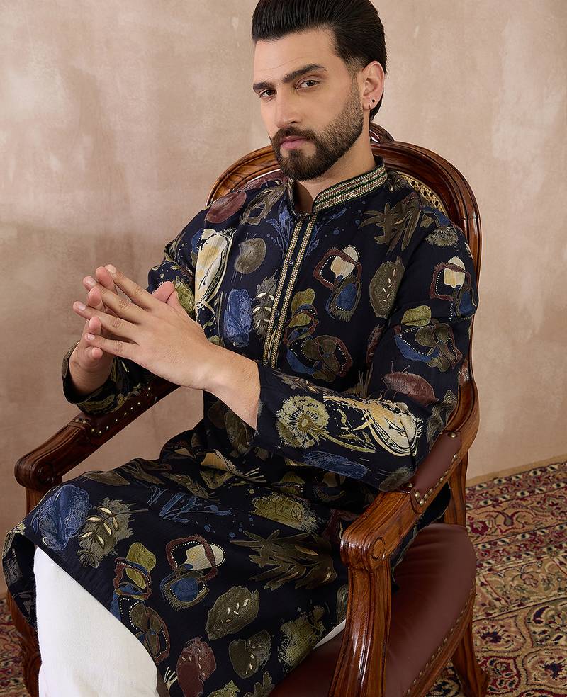 Men navy blue silk blend printed mandarin collar straight kurta with trouser
