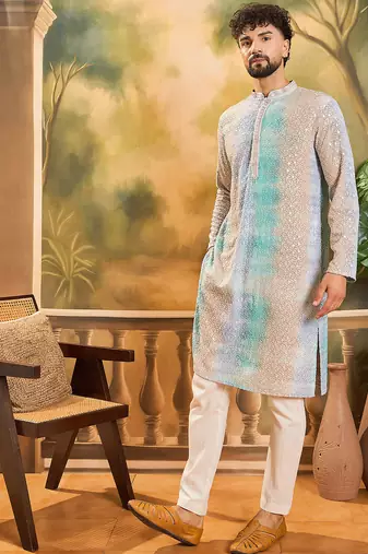 Men multi viscose rayon solid embroidered straight kurta