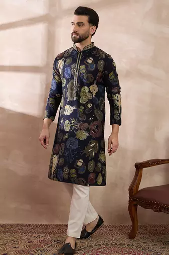 Men navy blue silk blend printed mandarin collar straight kurta with trouser