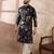 Men navy blue silk blend printed mandarin collar straight kurta with trouser