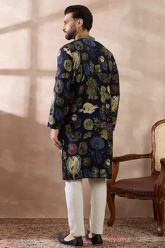 Men navy blue silk blend printed mandarin collar straight kurta with trouser