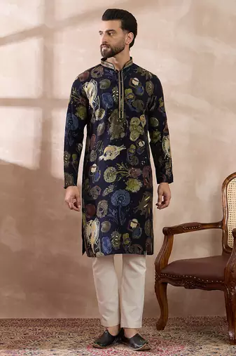 Men navy blue silk blend printed mandarin collar straight kurta with trouser