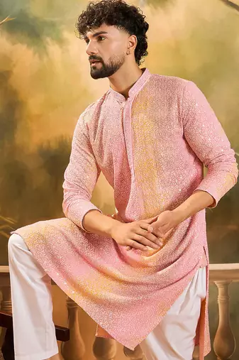Men multi viscose rayon solid embroidered straight kurta