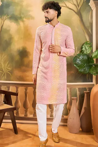 Men multi viscose rayon solid embroidered straight kurta