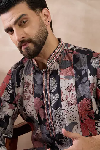Men black silk blend printed mandarin collar straight kurta with trouser