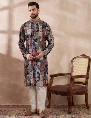 Men black silk blend printed mandarin collar straight kurta with trouser 3