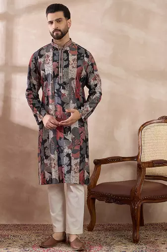 Men black silk blend printed mandarin collar straight kurta with trouser