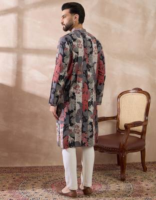 Men black silk blend printed mandarin collar straight kurta with trouser 4