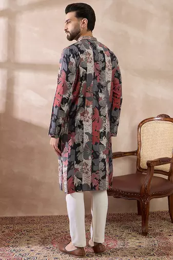 Men black silk blend printed mandarin collar straight kurta with trouser