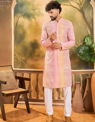 Men multi viscose rayon solid embroidered straight kurta 5