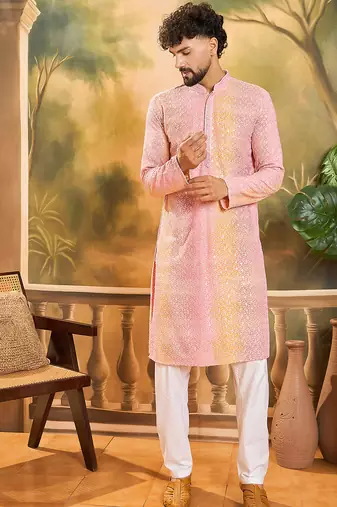 Men multi viscose rayon solid embroidered straight kurta