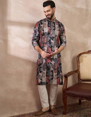 Men black silk blend printed mandarin collar straight kurta with trouser 5