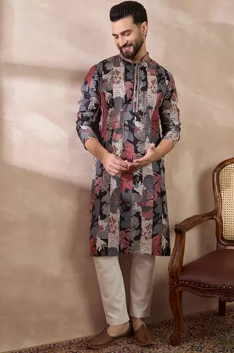 Men black silk blend printed mandarin collar straight kurta with trouser