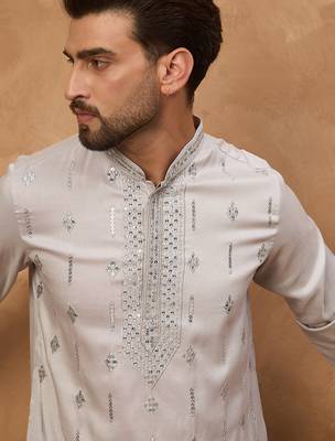 Men grey silk blend solid embroidered straight kurta 1