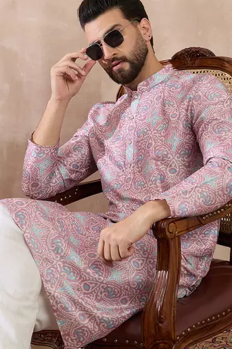 Men lavender silk blend printed mandarin collar straight kurta with trouser