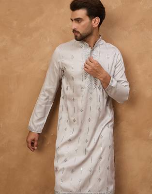 Men grey silk blend solid embroidered straight kurta 3