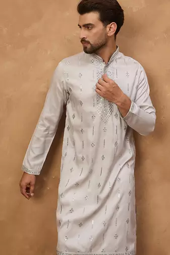 Men grey silk blend solid embroidered straight kurta