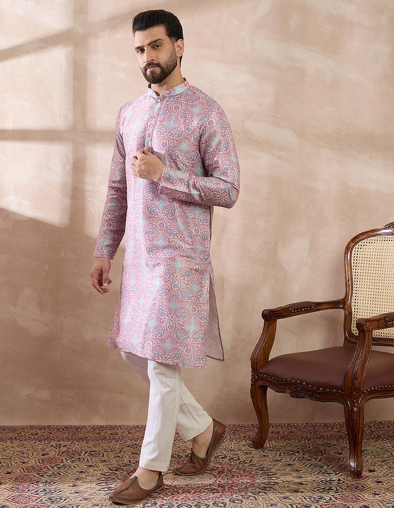 Men lavender silk blend printed mandarin collar straight kurta with trouser