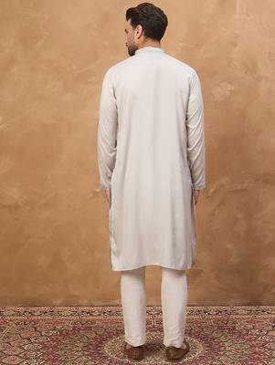 Men grey silk blend solid embroidered straight kurta 4