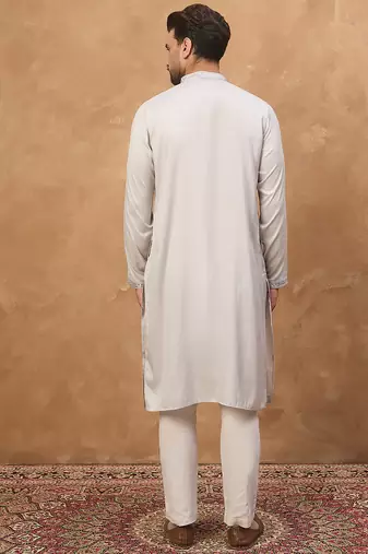 Men grey silk blend solid embroidered straight kurta