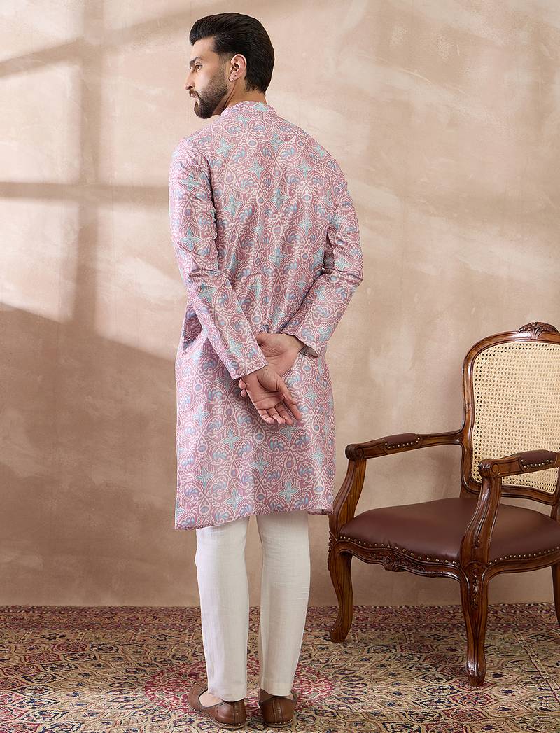 Men lavender silk blend printed mandarin collar straight kurta with trouser