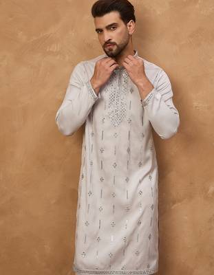 Men grey silk blend solid embroidered straight kurta 5