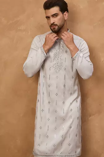Men grey silk blend solid embroidered straight kurta
