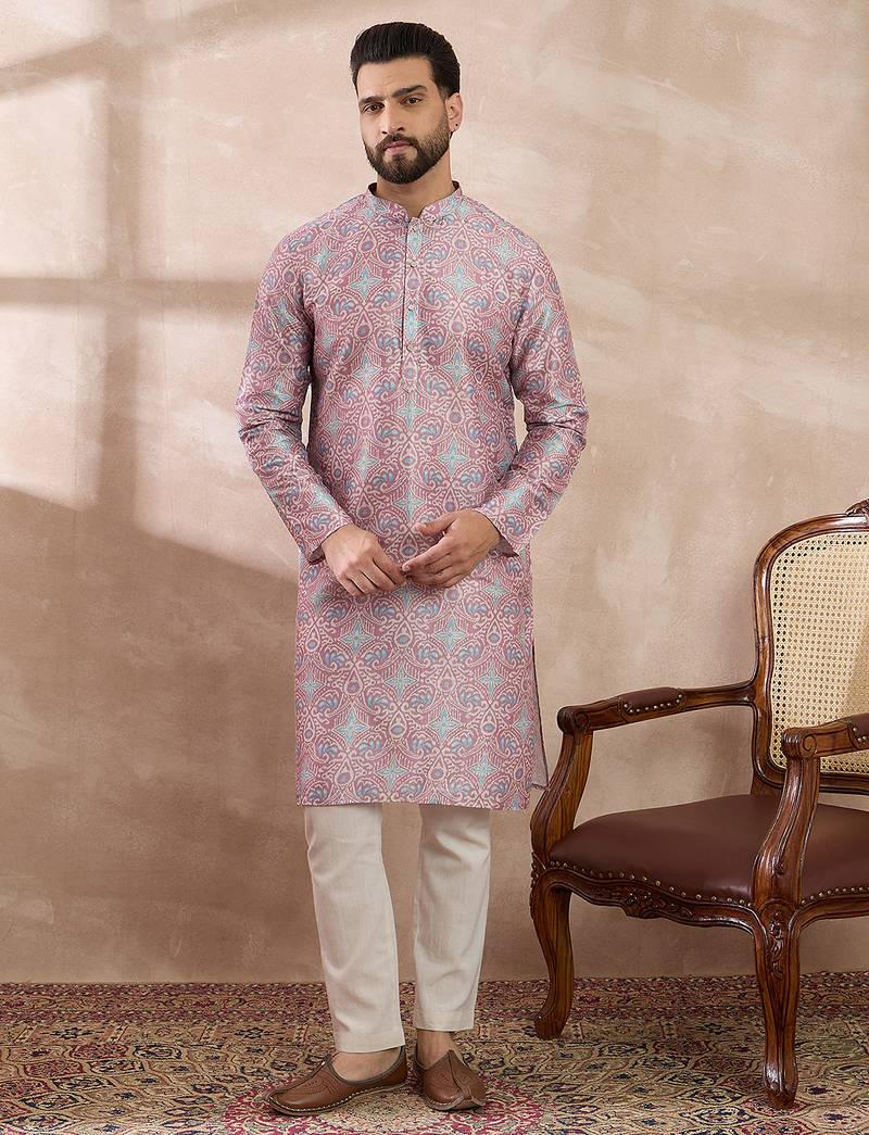 Men lavender silk blend printed mandarin collar straight kurta with trouser