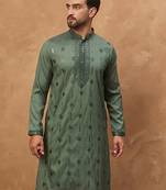 Men green silk blend solid embroidered straight kurta