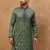 Men green silk blend solid embroidered straight kurta