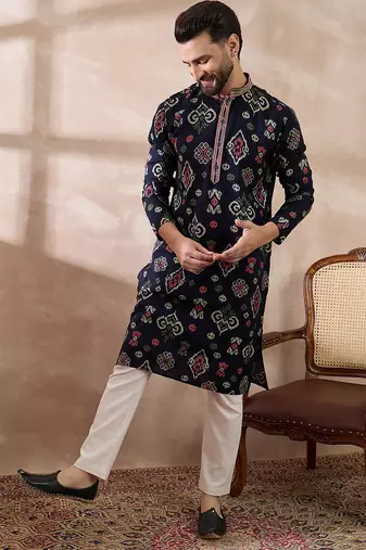 Men blue silk blend printed mandarin collar straight kurta with trouser