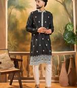 Men black silk blend solid embroidered straight kurta
