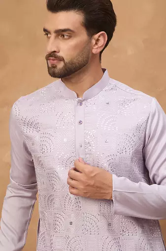Men lavender silk blend solid embroidered straight kurta