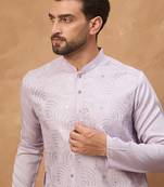 Men lavender silk blend solid embroidered straight kurta