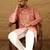 Men peach viscose rayon embroidered mandarin collar straight kurta with trouser