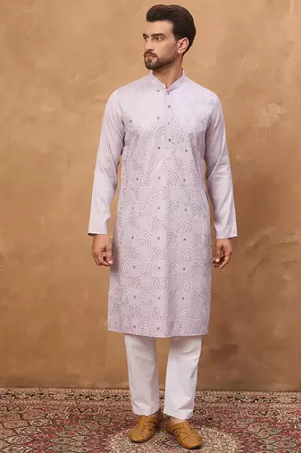 Men lavender silk blend solid embroidered straight kurta