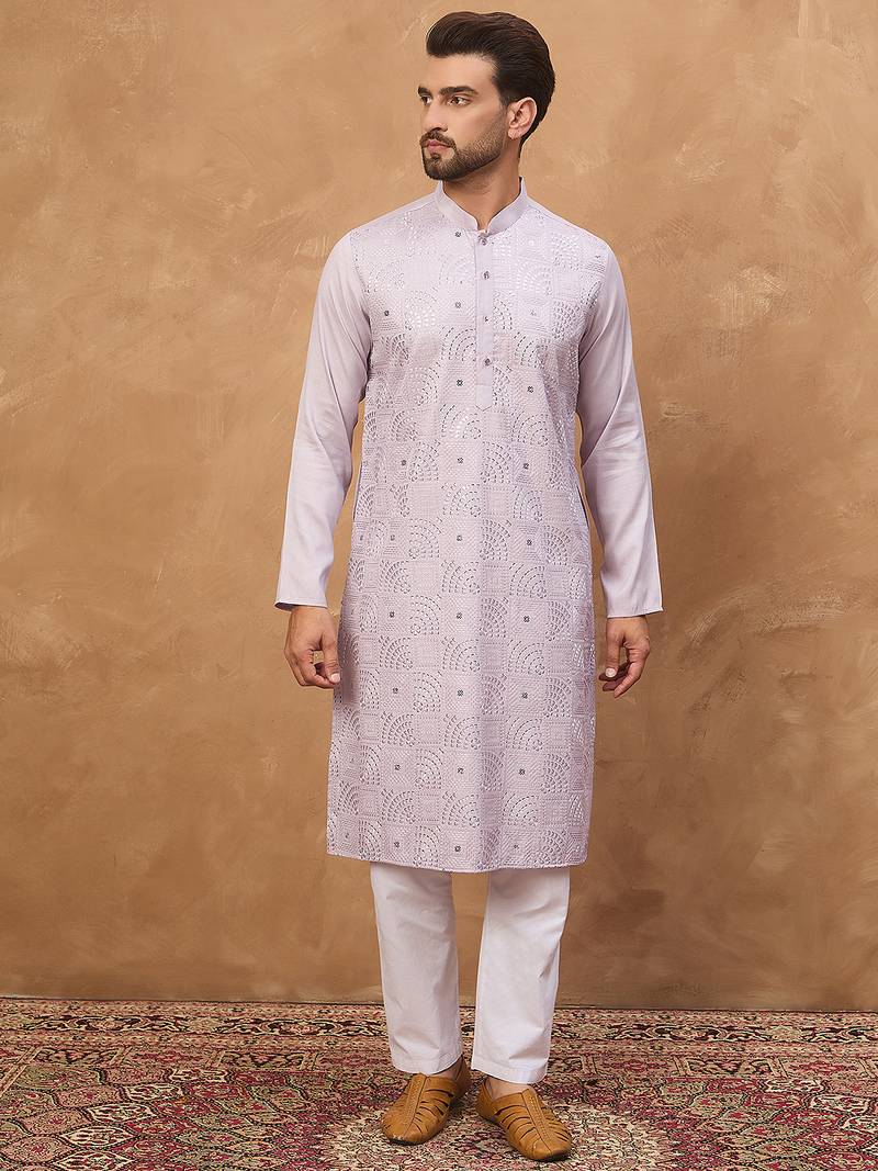 Men lavender silk blend solid embroidered straight kurta