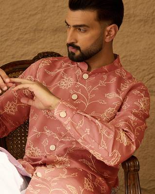 Men peach viscose rayon embroidered mandarin collar straight kurta with trouser 2