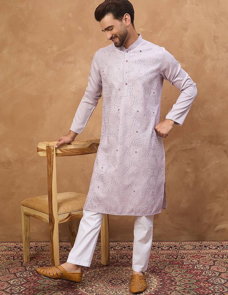 Men lavender silk blend solid embroidered straight kurta