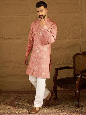 Men peach viscose rayon embroidered mandarin collar straight kurta with trouser 3