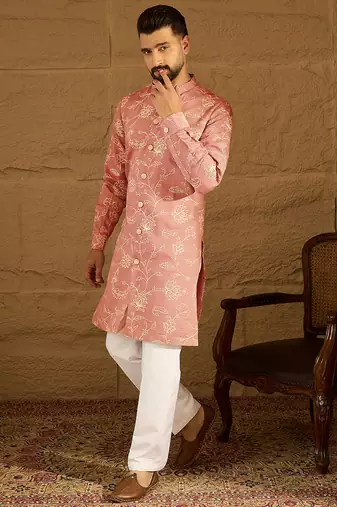 Men peach viscose rayon embroidered mandarin collar straight kurta with trouser