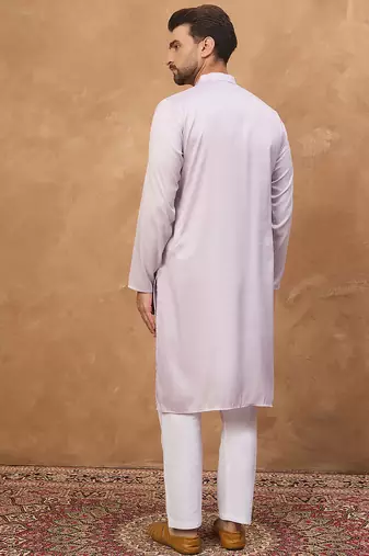 Men lavender silk blend solid embroidered straight kurta
