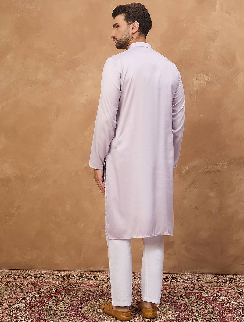 Men lavender silk blend solid embroidered straight kurta