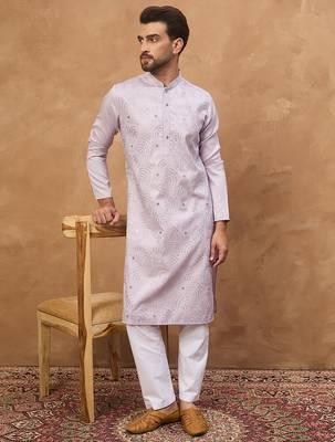 Men lavender silk blend solid embroidered straight kurta 5