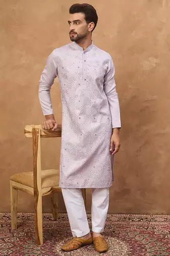 Men lavender silk blend solid embroidered straight kurta