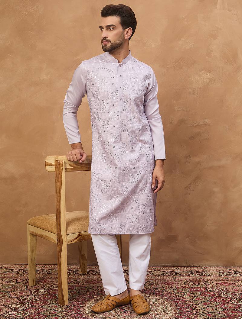 Men lavender silk blend solid embroidered straight kurta