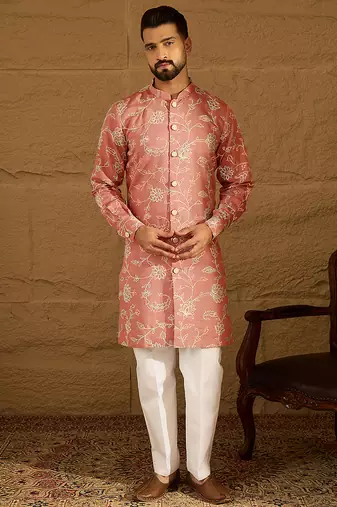 Men peach viscose rayon embroidered mandarin collar straight kurta with trouser