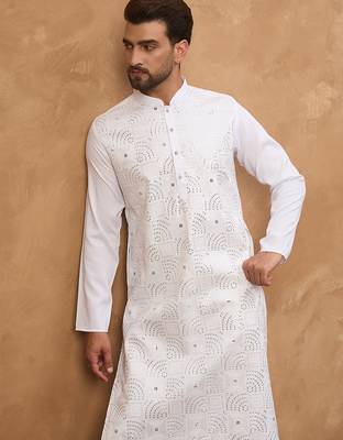 Men white silk blend solid embroidered straight kurta 2